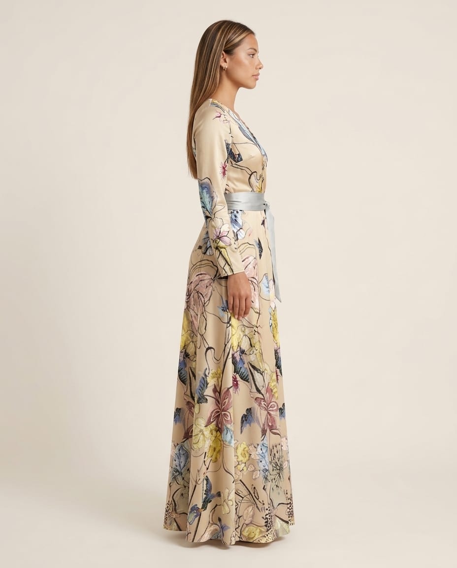 Abstract V - Neck Maxi Dress with Flared Skirt - Elestira
