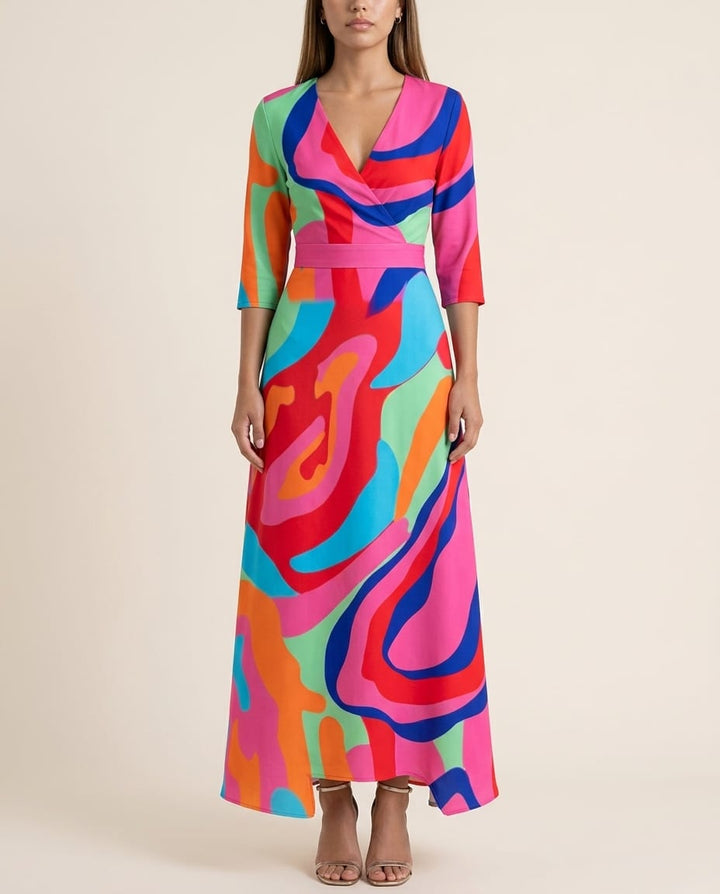 Abstract V - Neck Maxi Dress with Flared Skirt - Elestira