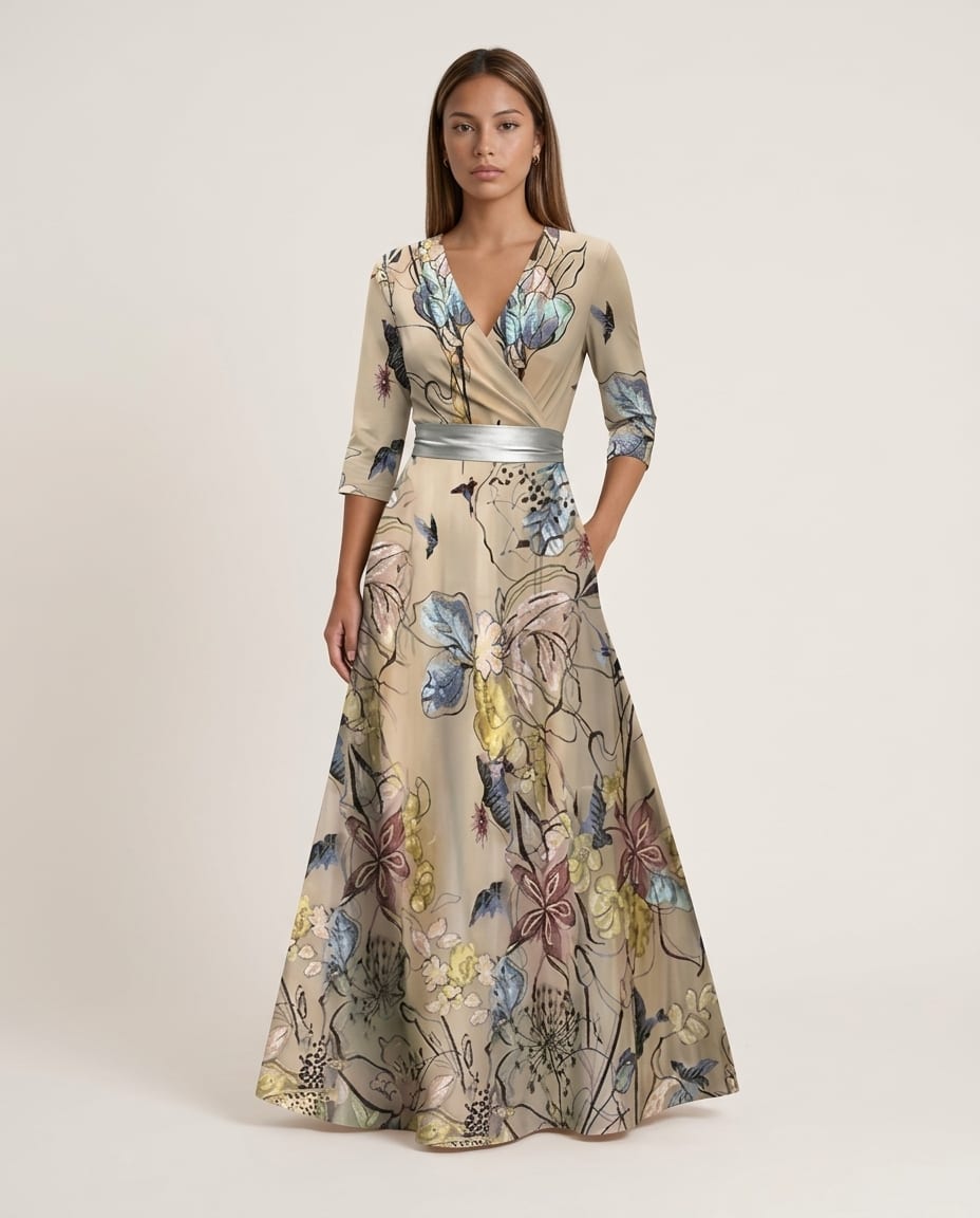 Abstract V - Neck Maxi Dress with Flared Skirt - Elestira