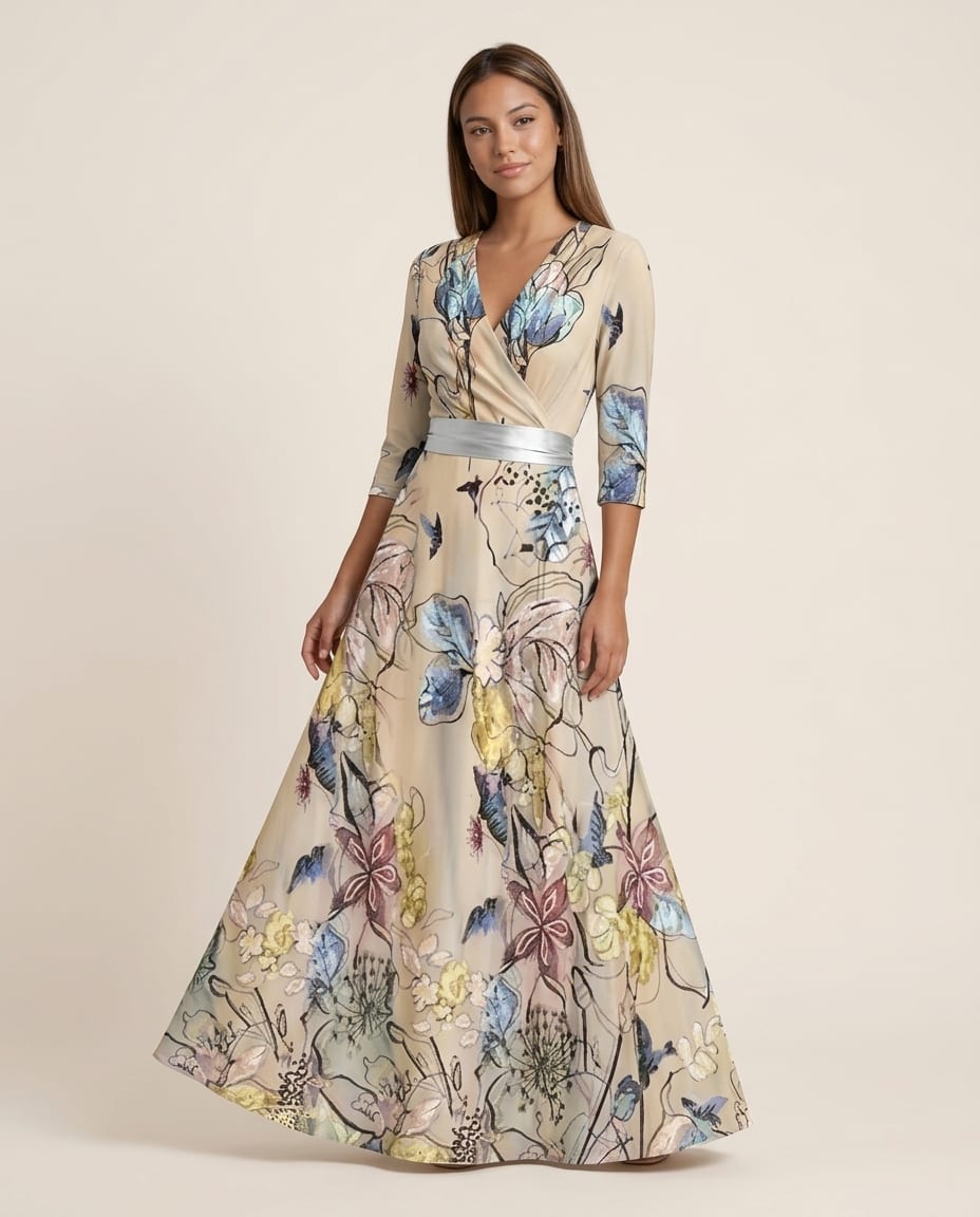 Abstract V - Neck Maxi Dress with Flared Skirt - Elestira