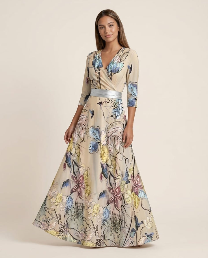 Abstract V - Neck Maxi Dress with Flared Skirt - Elestira
