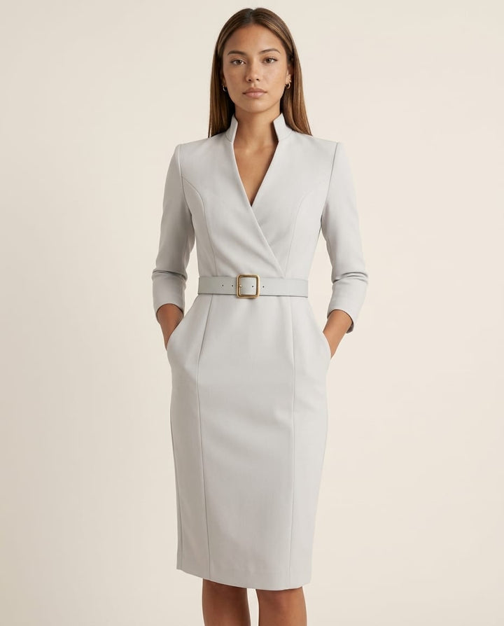 Belted Midi Dress with Wrap Bodice and Defined Waist - Elestira