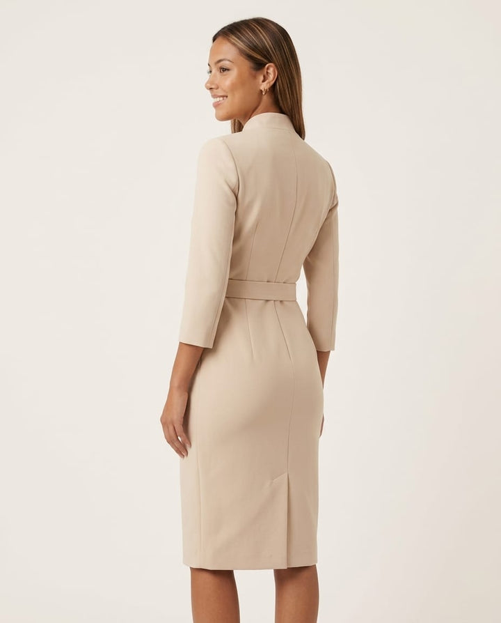 Belted Midi Dress with Wrap Bodice and Defined Waist - Elestira