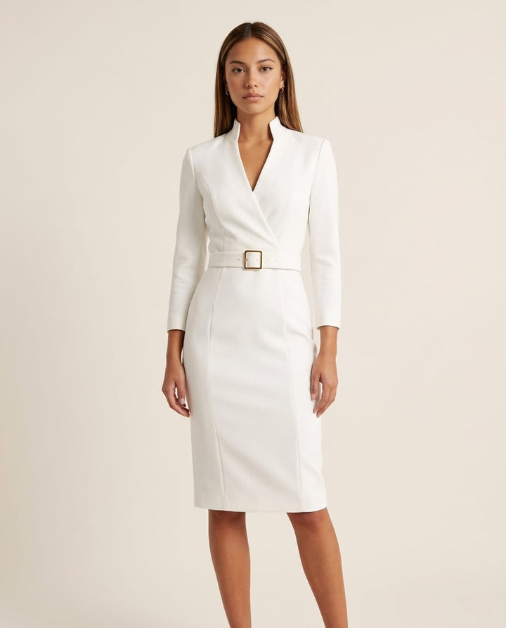 Belted Midi Dress with Wrap Bodice and Defined Waist - Elestira