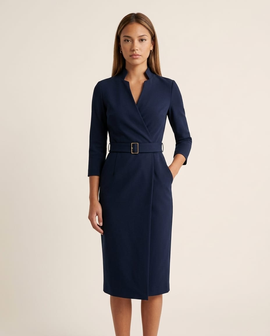 Belted Midi Dress with Wrap Bodice and Defined Waist - Elestira