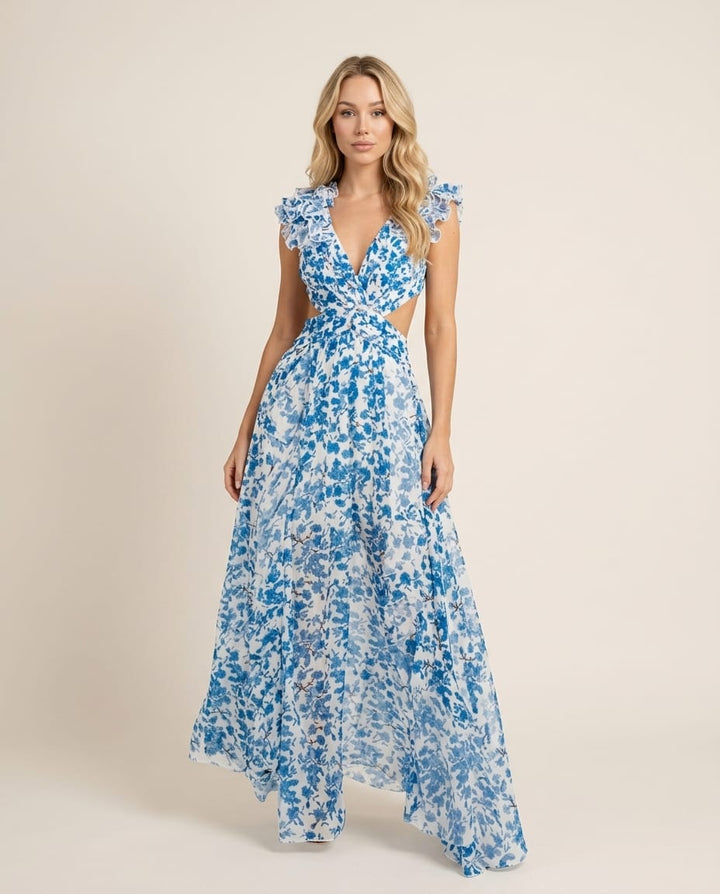Bohemian Floral Maxi Dress with Ruffle Sleeves - Elestira