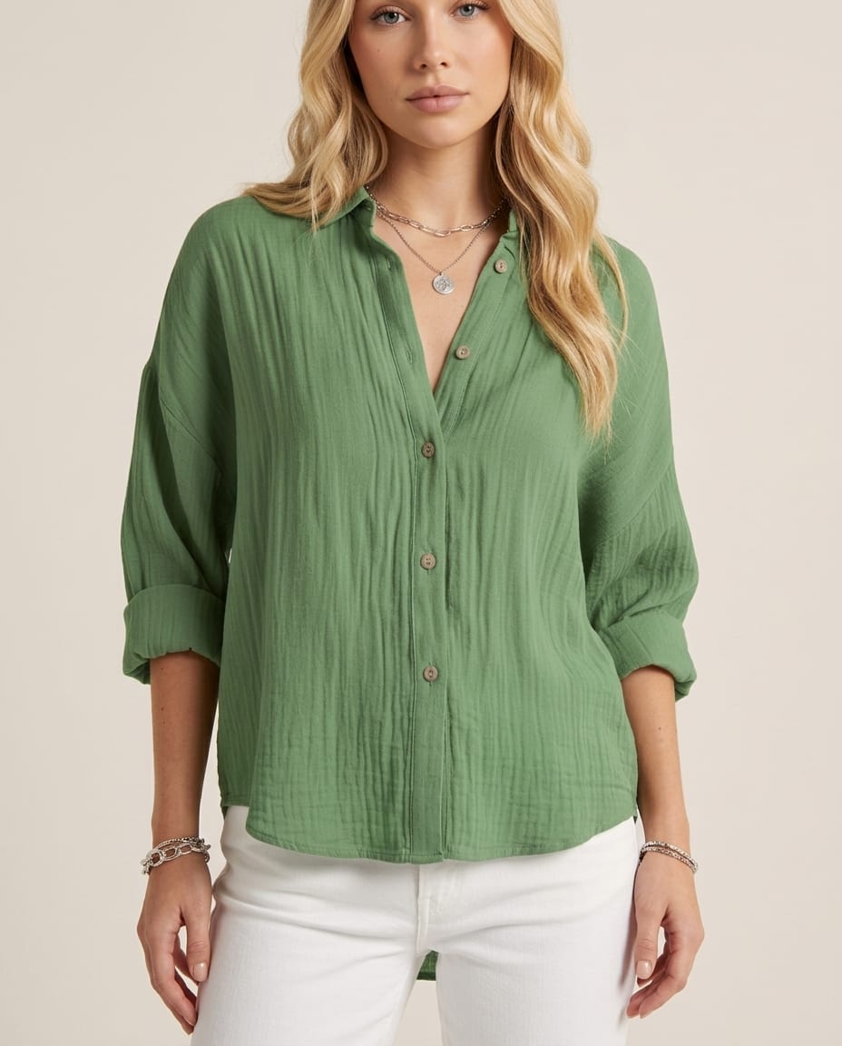 Button - Up Blouse with Classic Collar and Long Sleeves - Elestira