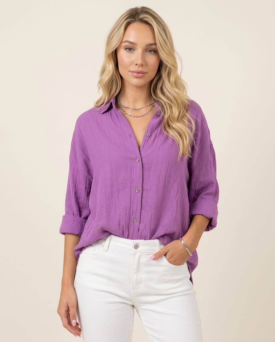 Button - Up Blouse with Classic Collar and Long Sleeves - Elestira