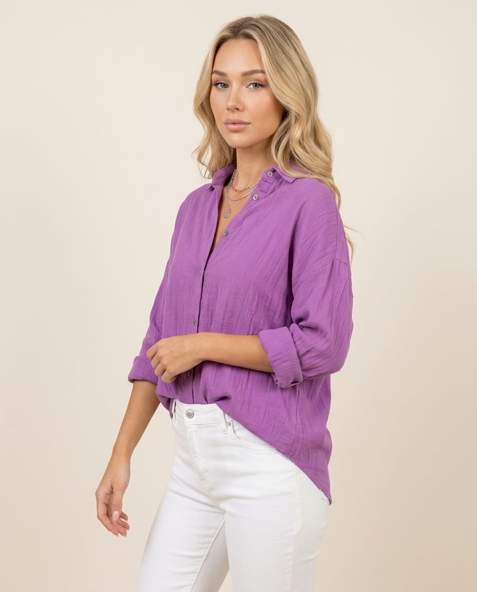 Button - Up Blouse with Classic Collar and Long Sleeves - Elestira