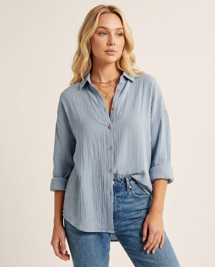 Button - Up Blouse with Classic Collar and Long Sleeves - Elestira