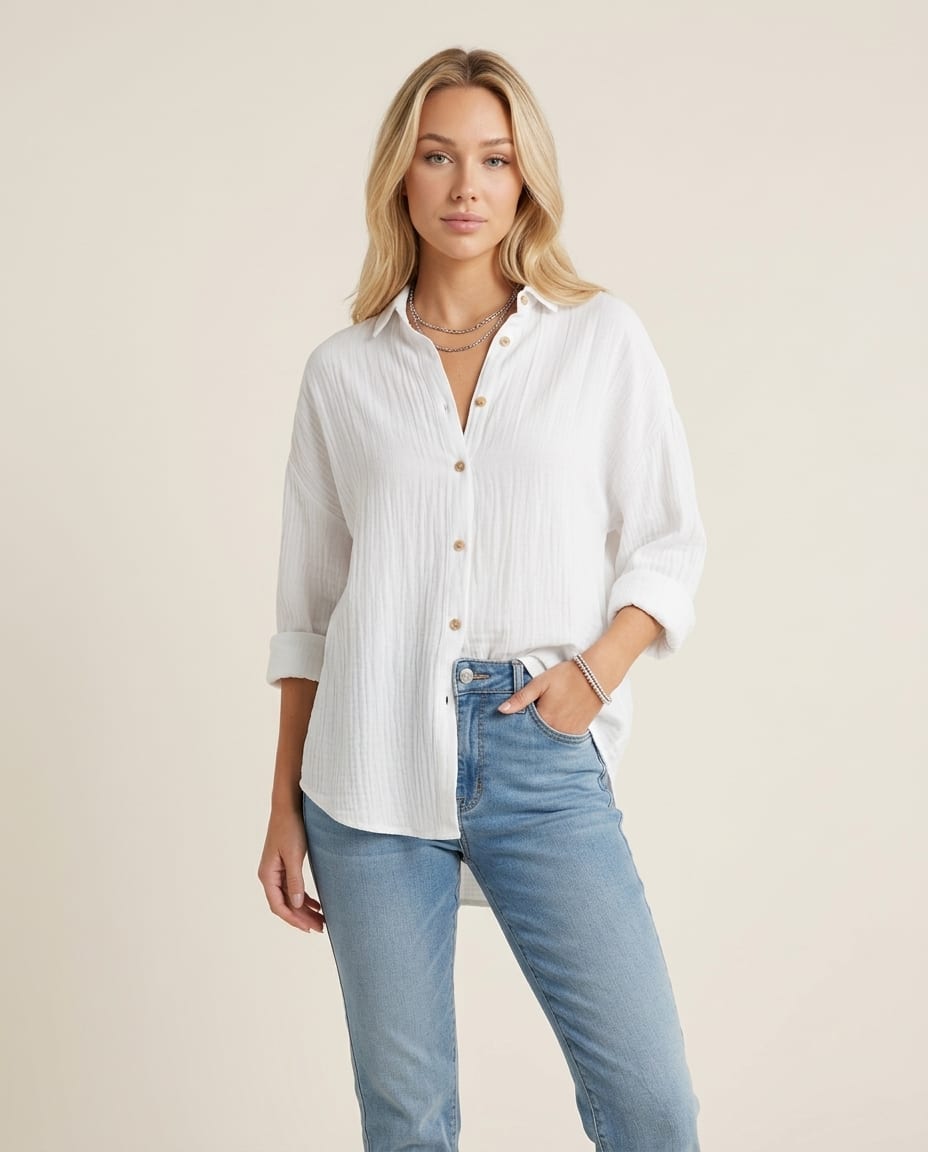 Button - Up Blouse with Classic Collar and Long Sleeves - Elestira