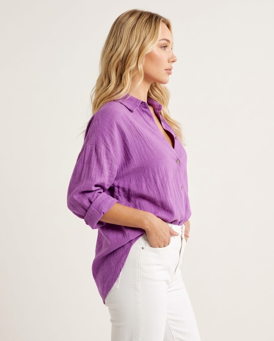 Button - Up Blouse with Classic Collar and Long Sleeves - Elestira
