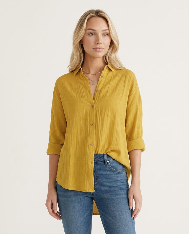 Button - Up Blouse with Classic Collar and Long Sleeves - Elestira