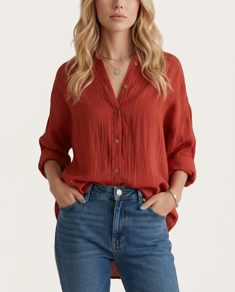 Button - Up Blouse with Classic Collar and Long Sleeves - Elestira