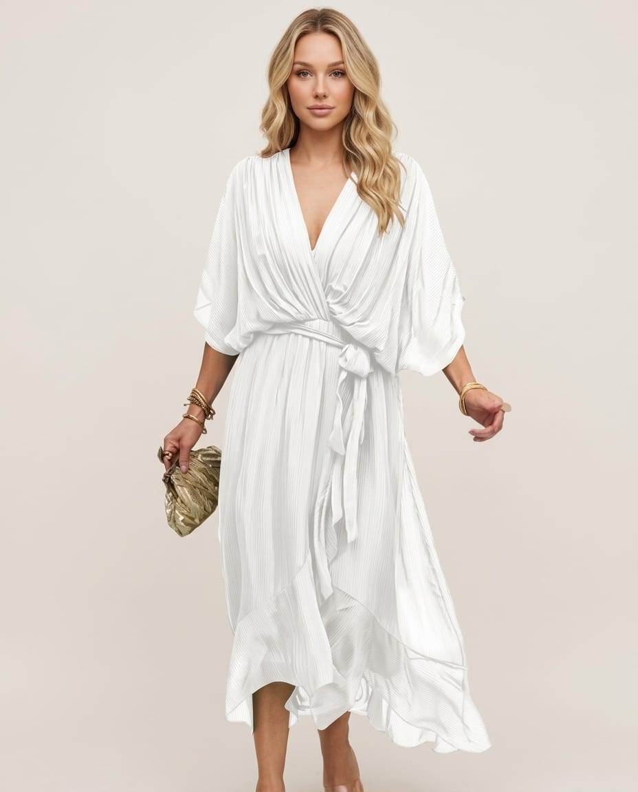 Chic V - Neck Midi Dress with Elegant Silhouette - Elestira