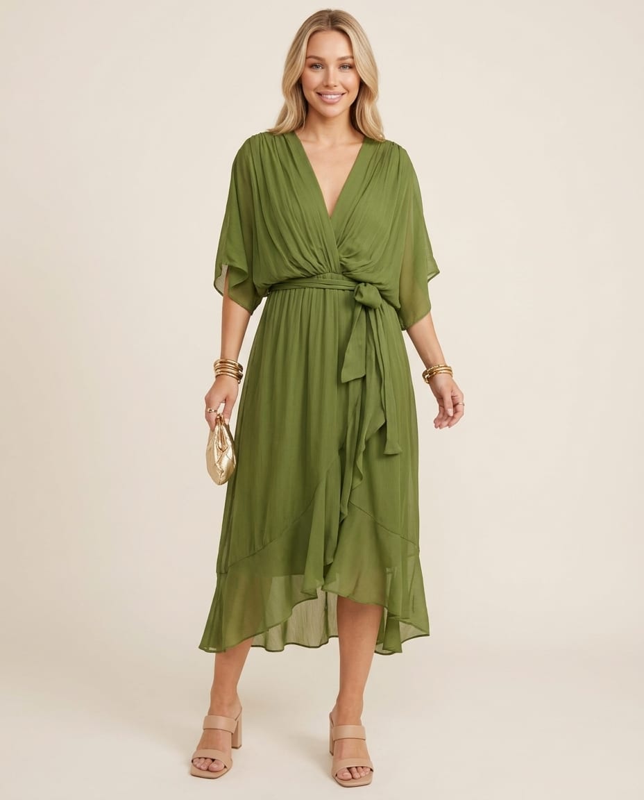 Chic V - Neck Midi Dress with Elegant Silhouette - Elestira