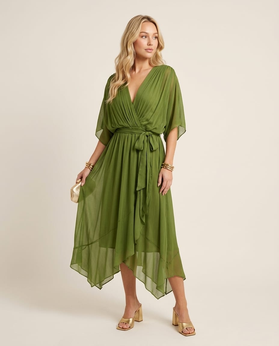 Chic V - Neck Midi Dress with Elegant Silhouette - Elestira