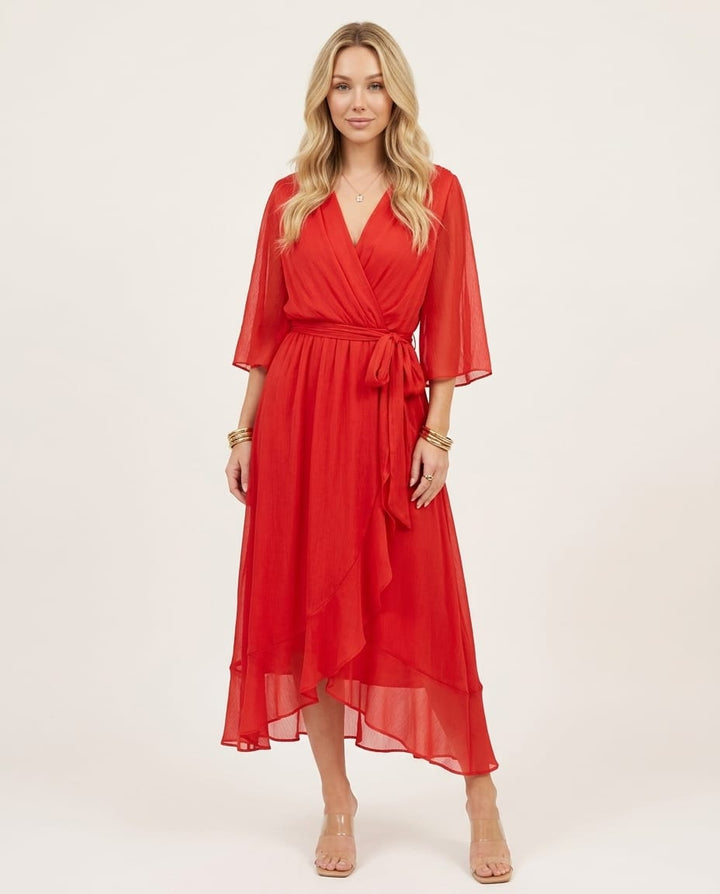Chic V - Neck Midi Dress with Elegant Silhouette - Elestira