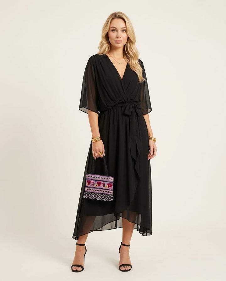 Chic V - Neck Midi Dress with Elegant Silhouette - Elestira