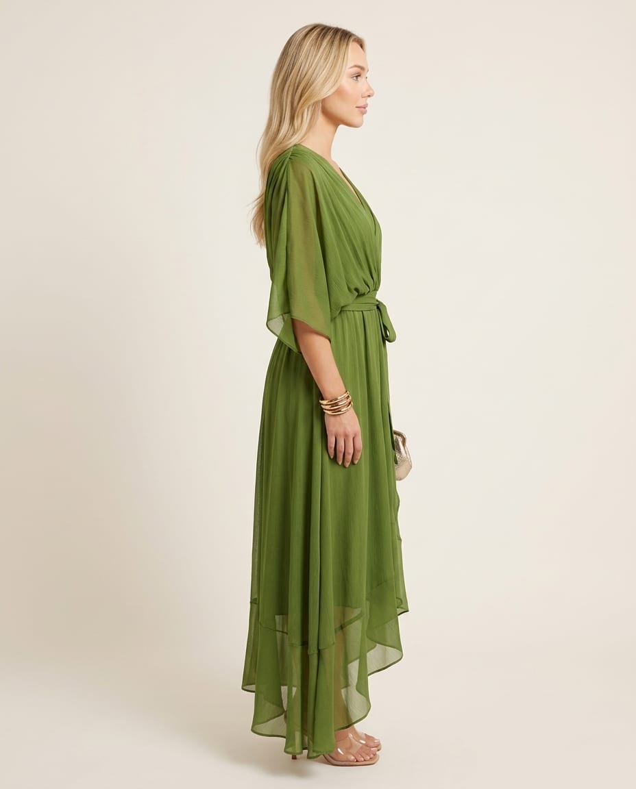 Chic V - Neck Midi Dress with Elegant Silhouette - Elestira