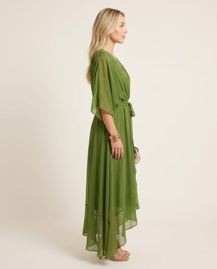 Chic V - Neck Midi Dress with Elegant Silhouette - Elestira