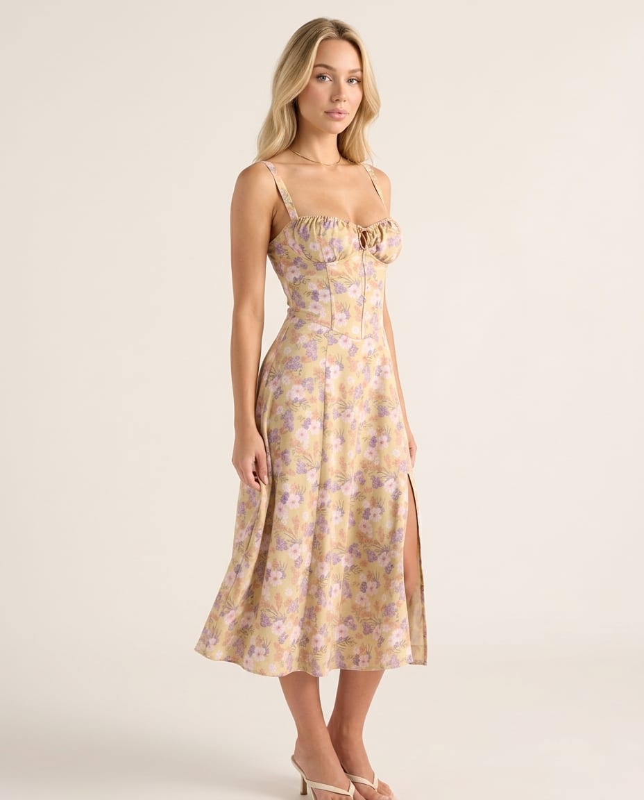 Corset Midi Dress with Flowing Skirt - Elestira