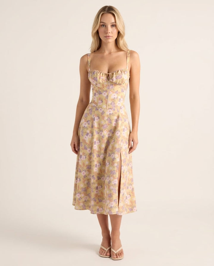 Corset Midi Dress with Flowing Skirt - Elestira