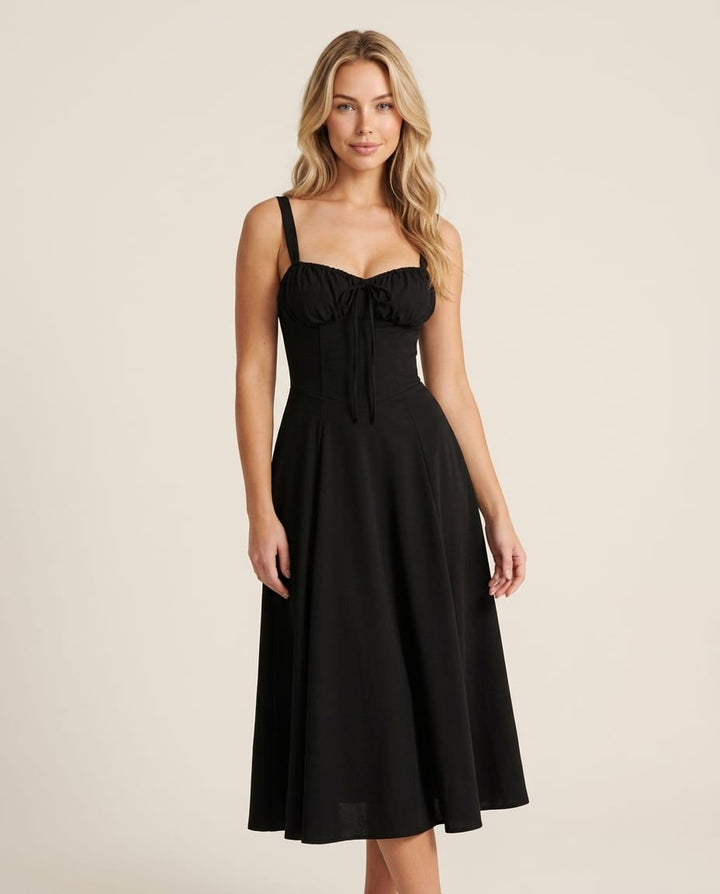 Corset Midi Dress with Flowing Skirt - Elestira