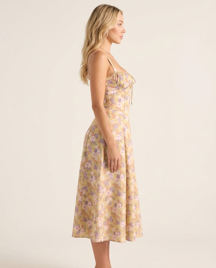Corset Midi Dress with Flowing Skirt - Elestira