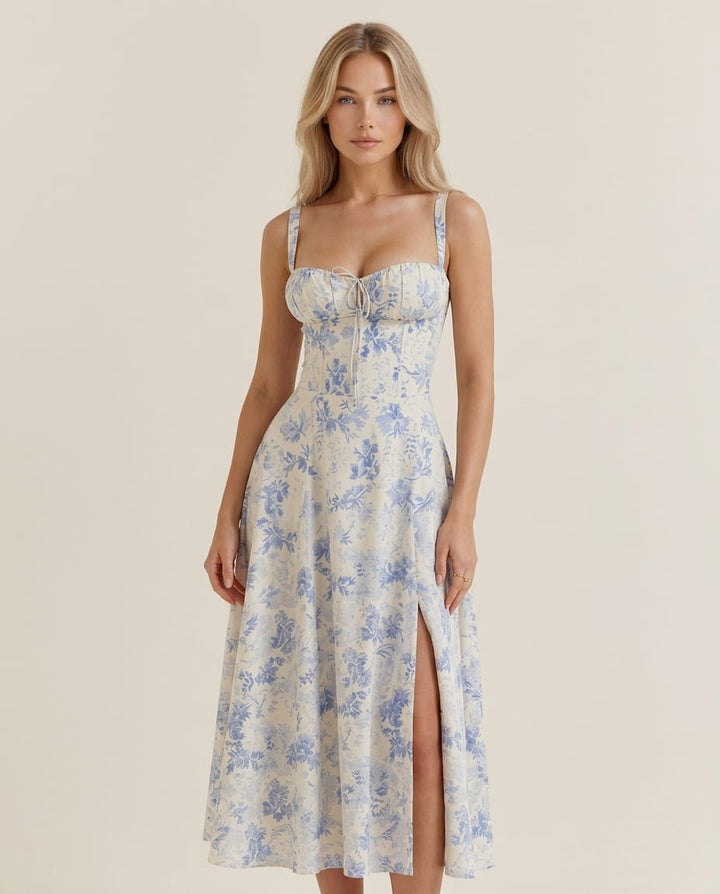 Corset Midi Dress with Flowing Skirt - Elestira