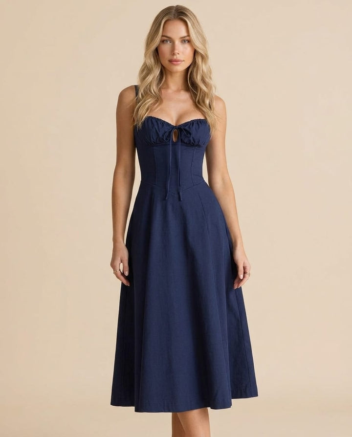 Corset Midi Dress with Flowing Skirt - Elestira