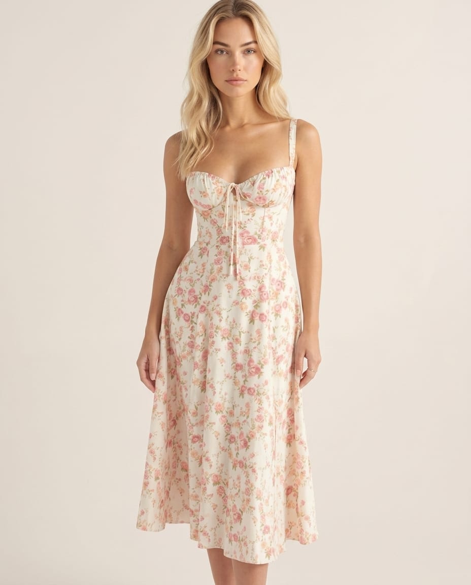 Corset Midi Dress with Flowing Skirt - Elestira