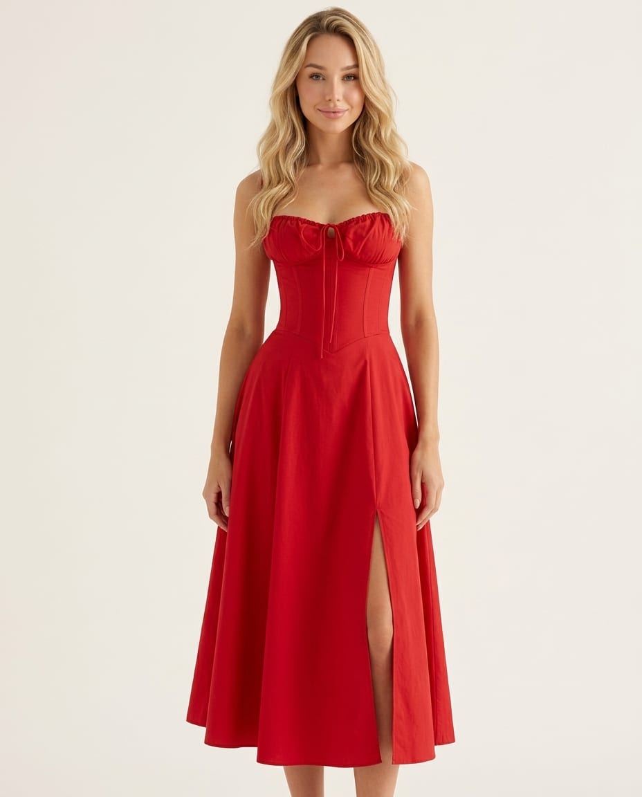 Corset Midi Dress with Flowing Skirt - Elestira