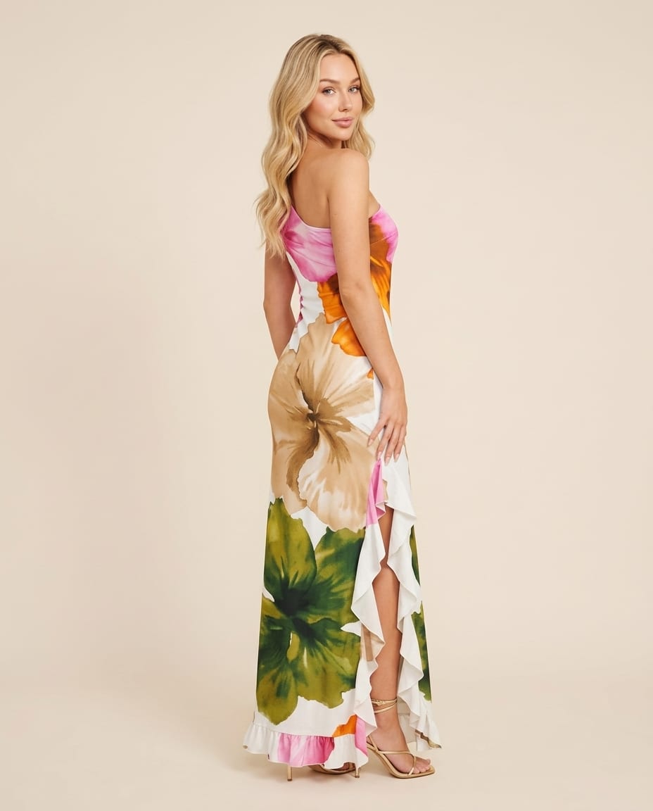 Elegant One - Shoulder Floral Maxi Dress - Elestira
