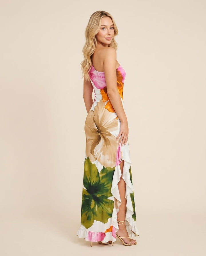 Elegant One - Shoulder Floral Maxi Dress - Elestira