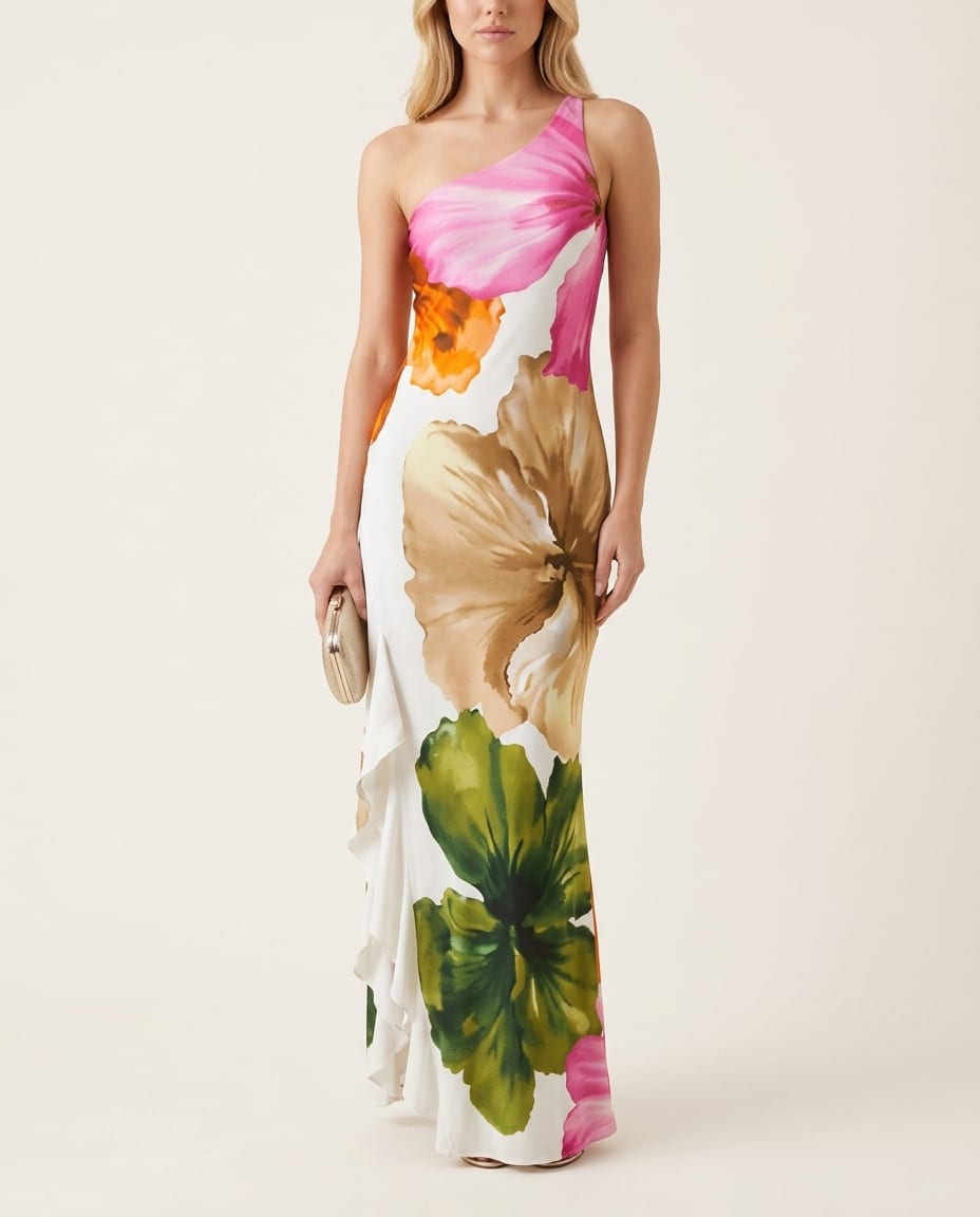 Elegant One - Shoulder Floral Maxi Dress - Elestira