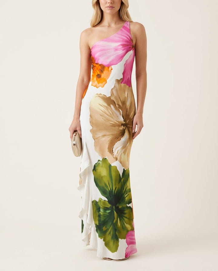 Elegant One - Shoulder Floral Maxi Dress - Elestira