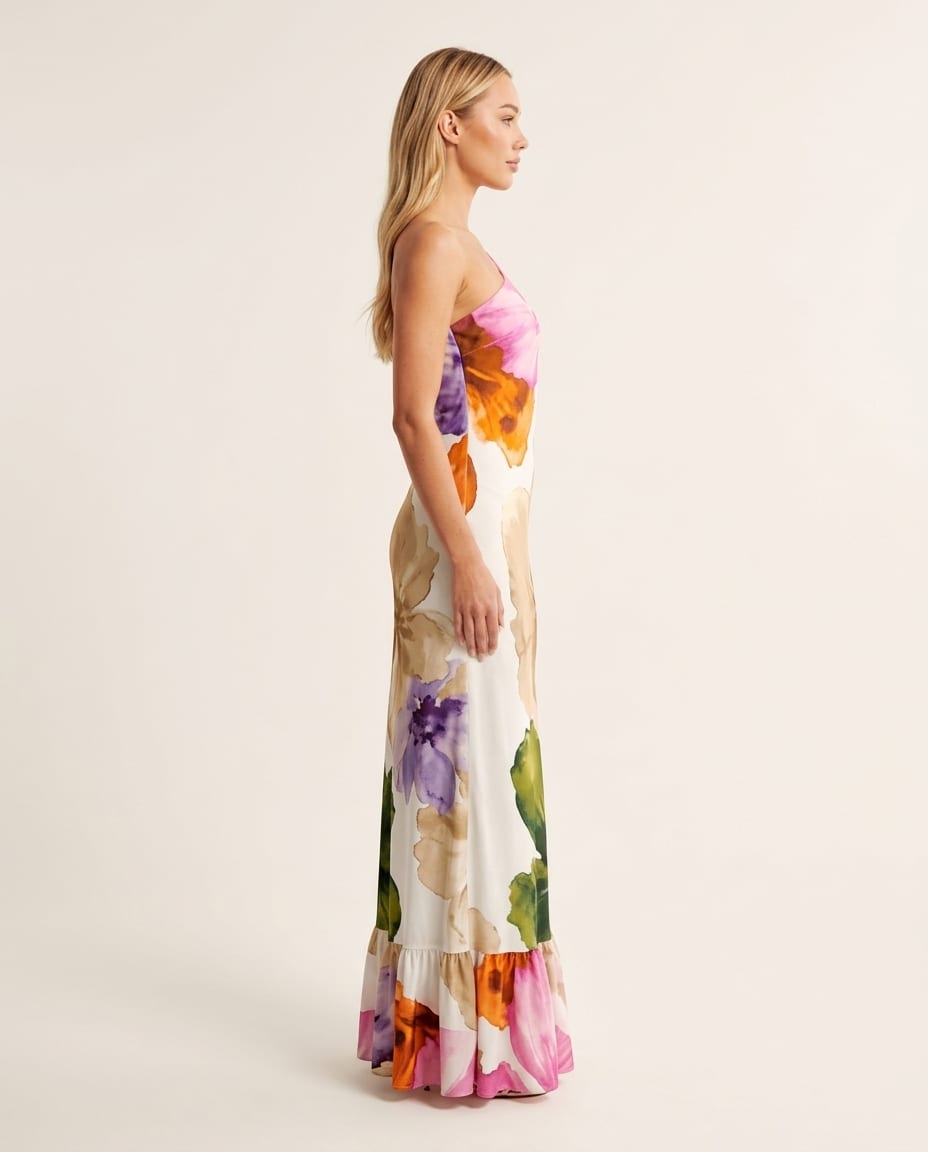 Elegant One - Shoulder Floral Maxi Dress - Elestira