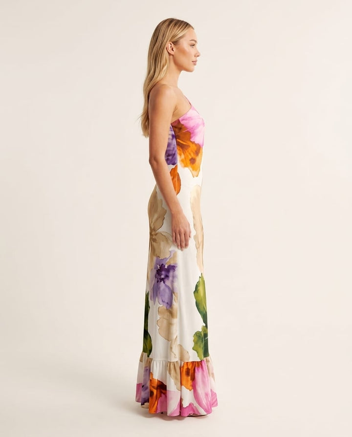 Elegant One - Shoulder Floral Maxi Dress - Elestira