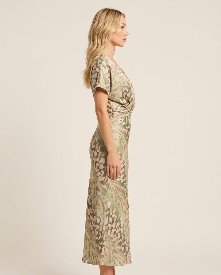 Elegant V - neck Maxi Dress with Twisted Detail - Elestira