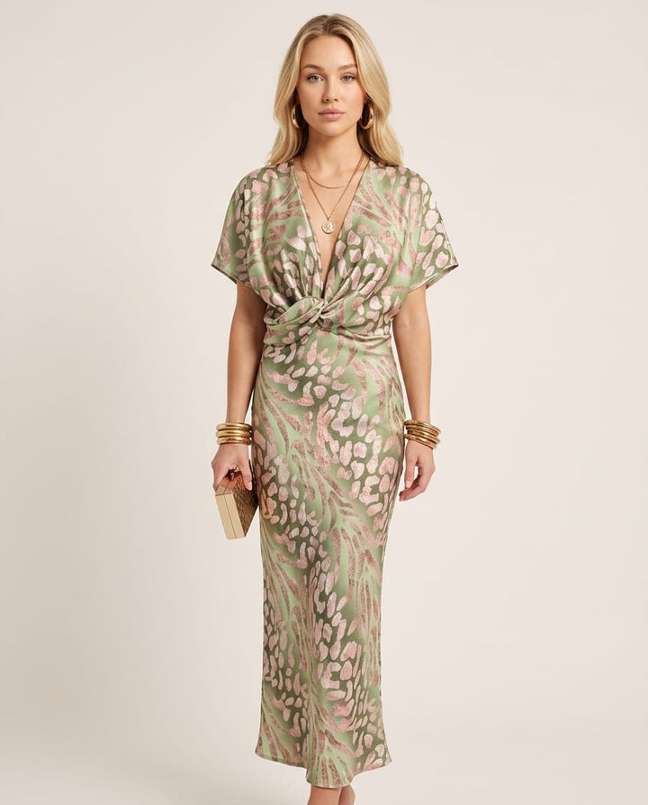 Elegant V - neck Maxi Dress with Twisted Detail - Elestira