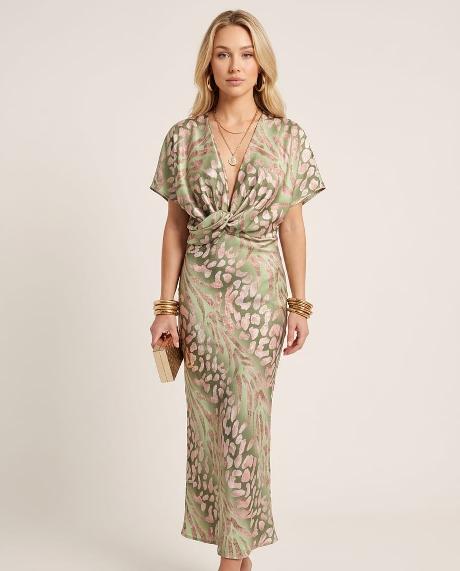 Elegant V - neck Maxi Dress with Twisted Detail - Elestira