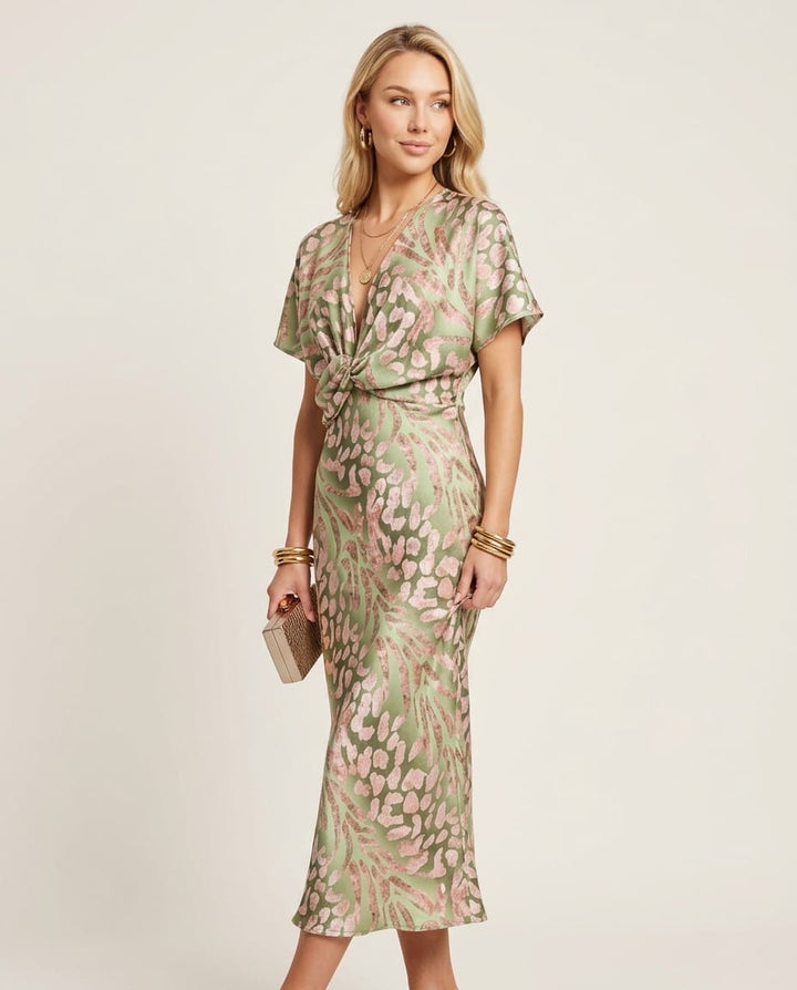 Elegant V - neck Maxi Dress with Twisted Detail - Elestira