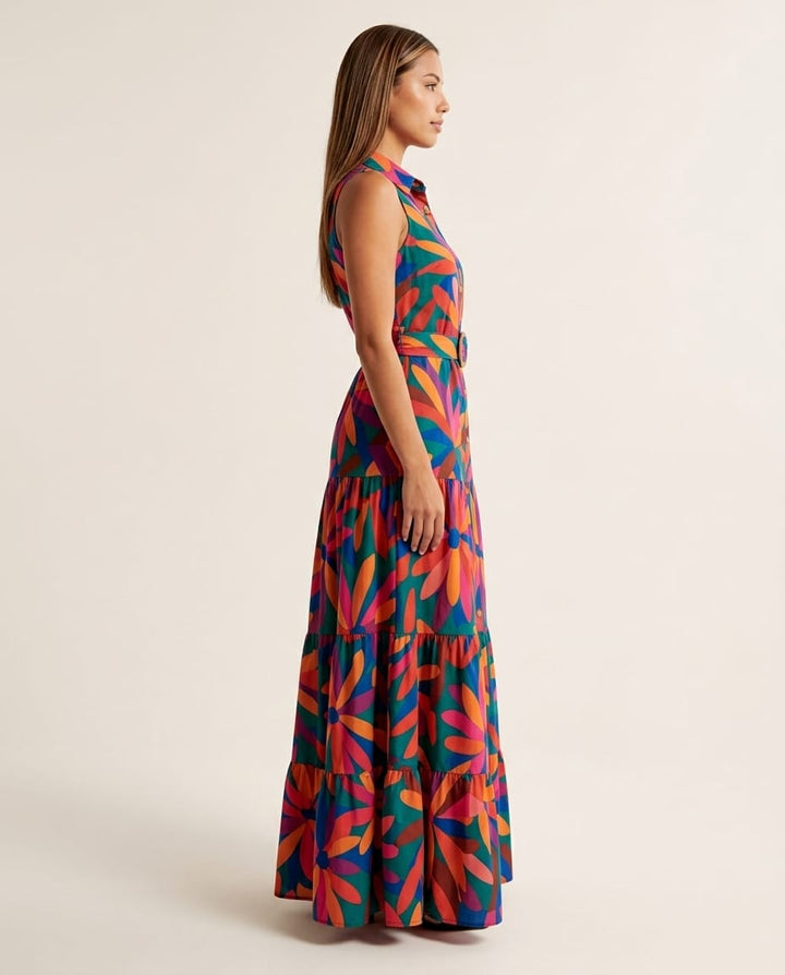 Floral Button Front Sleeveless Maxi Dress - Elestira