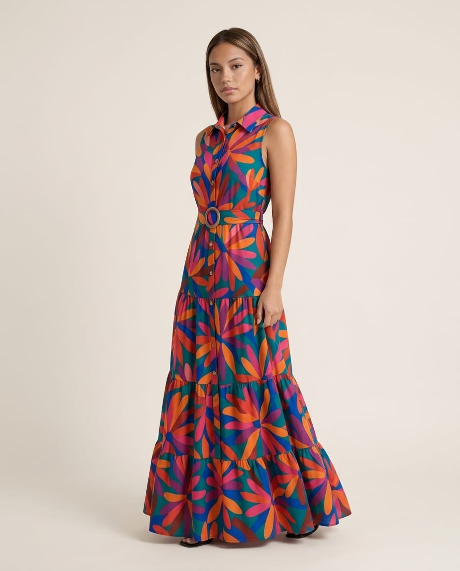 Floral Button Front Sleeveless Maxi Dress - Elestira