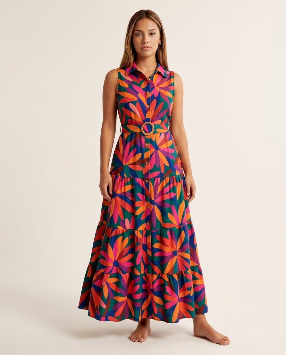 Floral Button Front Sleeveless Maxi Dress - Elestira