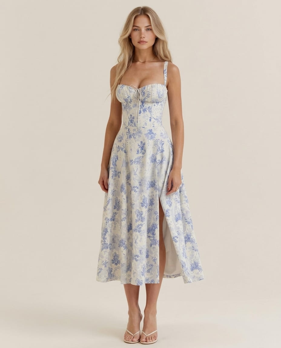Floral Elegant Wedding Guest Midi Dress - Elestira