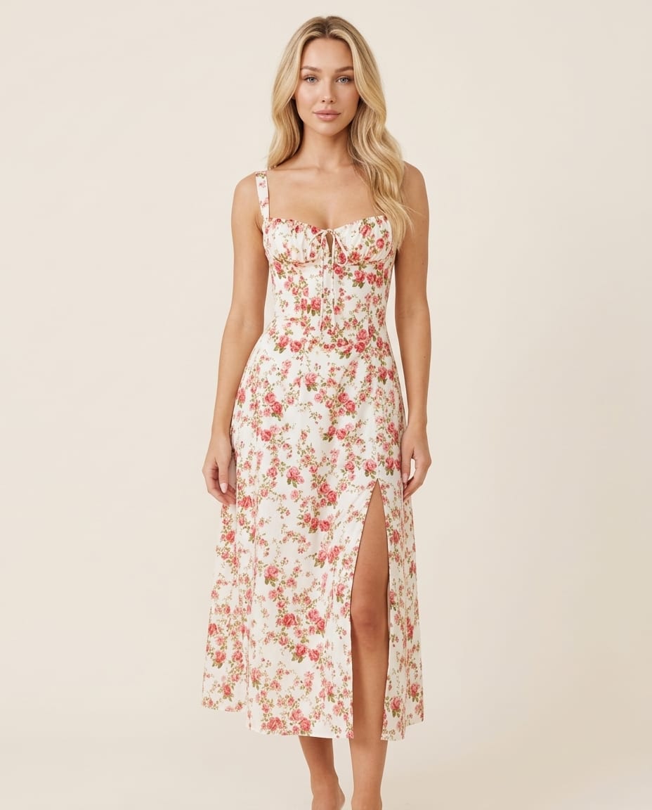 Floral Elegant Wedding Guest Midi Dress - Elestira