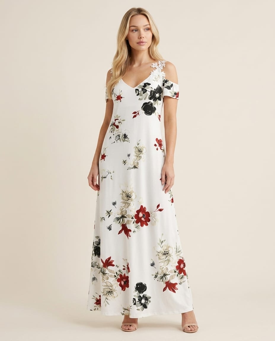 Floral Maxi Dress with Cold - Shoulder - Elestira