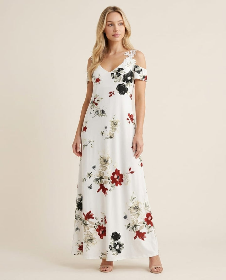 Floral Maxi Dress with Cold - Shoulder - Elestira